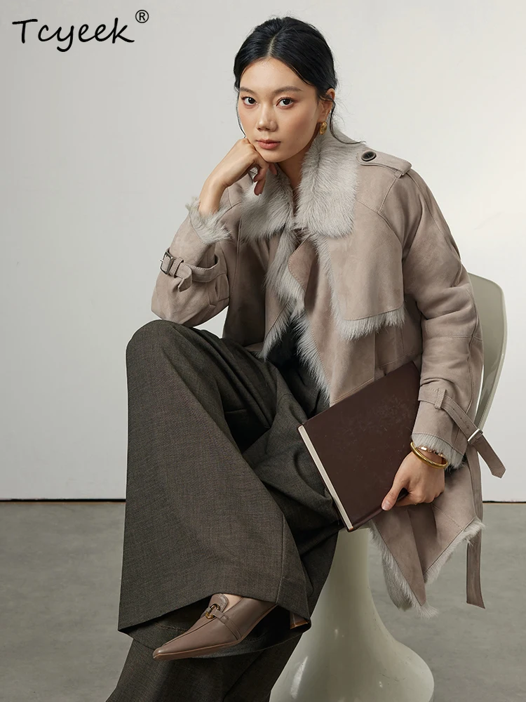 Tcyeek Real Wool Autumn Winter High End Trendy Cream Grey Medium Length Women's Lamb Wool Shearling Fur Coat Fourrures Femme