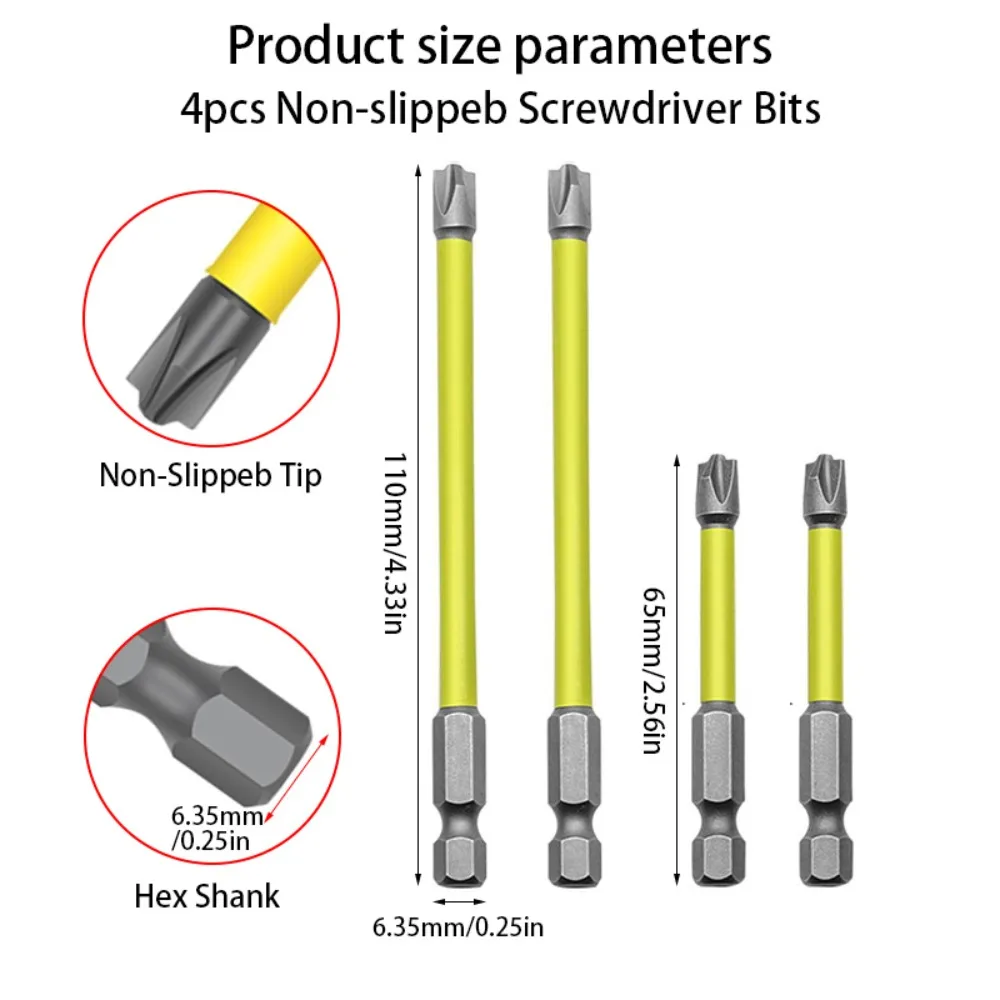 4-Piece Magnetic Screwdriver Bit Set, 1/4 Inch Hex Shank PH2-2.56', 4.33', for Use in Electrical Boxes, Sockets, and Switches.