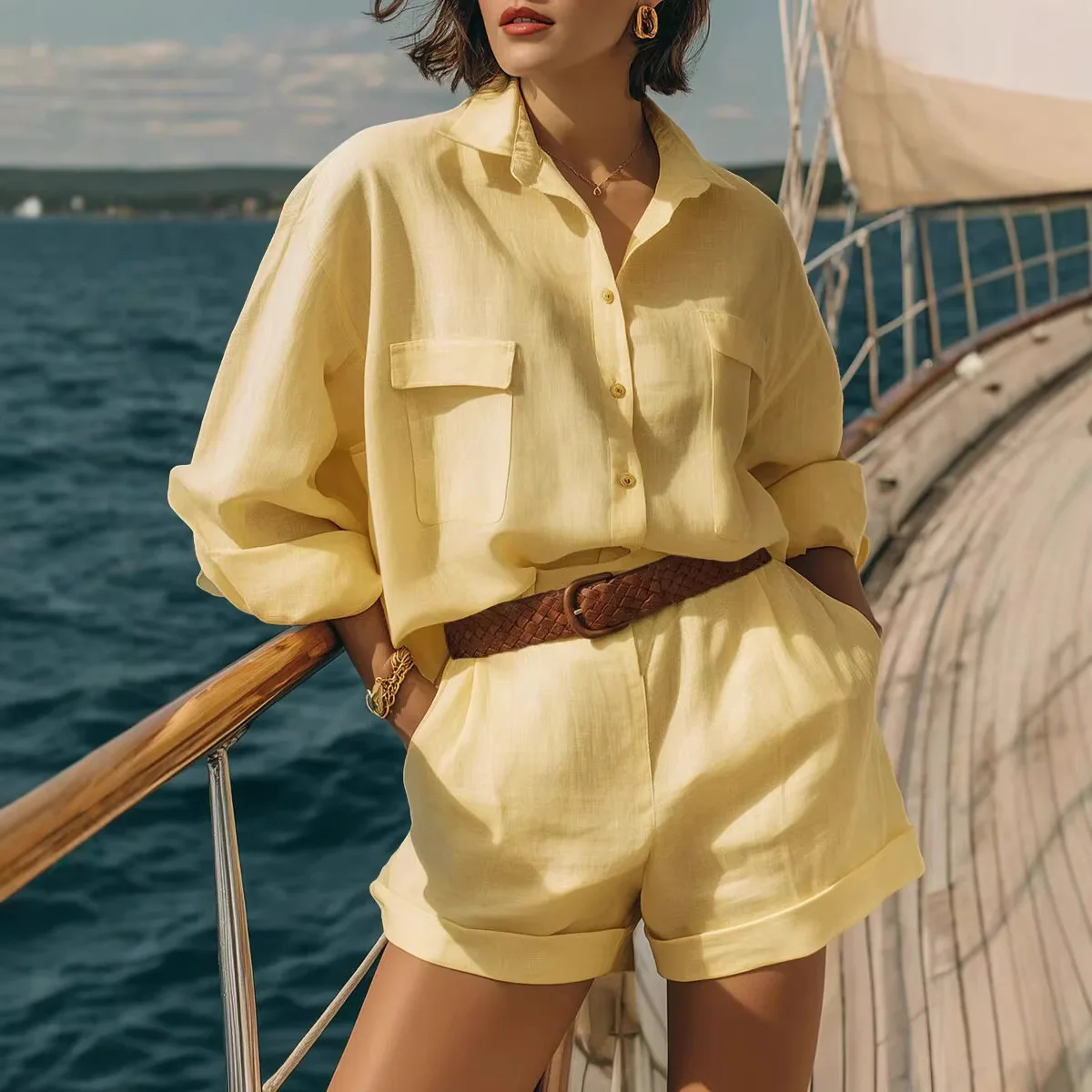 

Spring Summer Casual Solid Color Short Sets Women Fashion Long Sleeve Shirts Shorts Two Piece Set Comfortable All-match Female