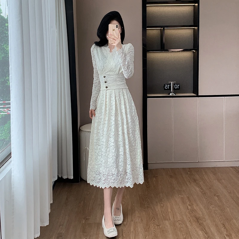 Autumn French Light Luxury Elegant Fashion 2 Piece Set Women's Lace V-neck Long-sleeve Top + Long Skirt Formal Evening Party Set