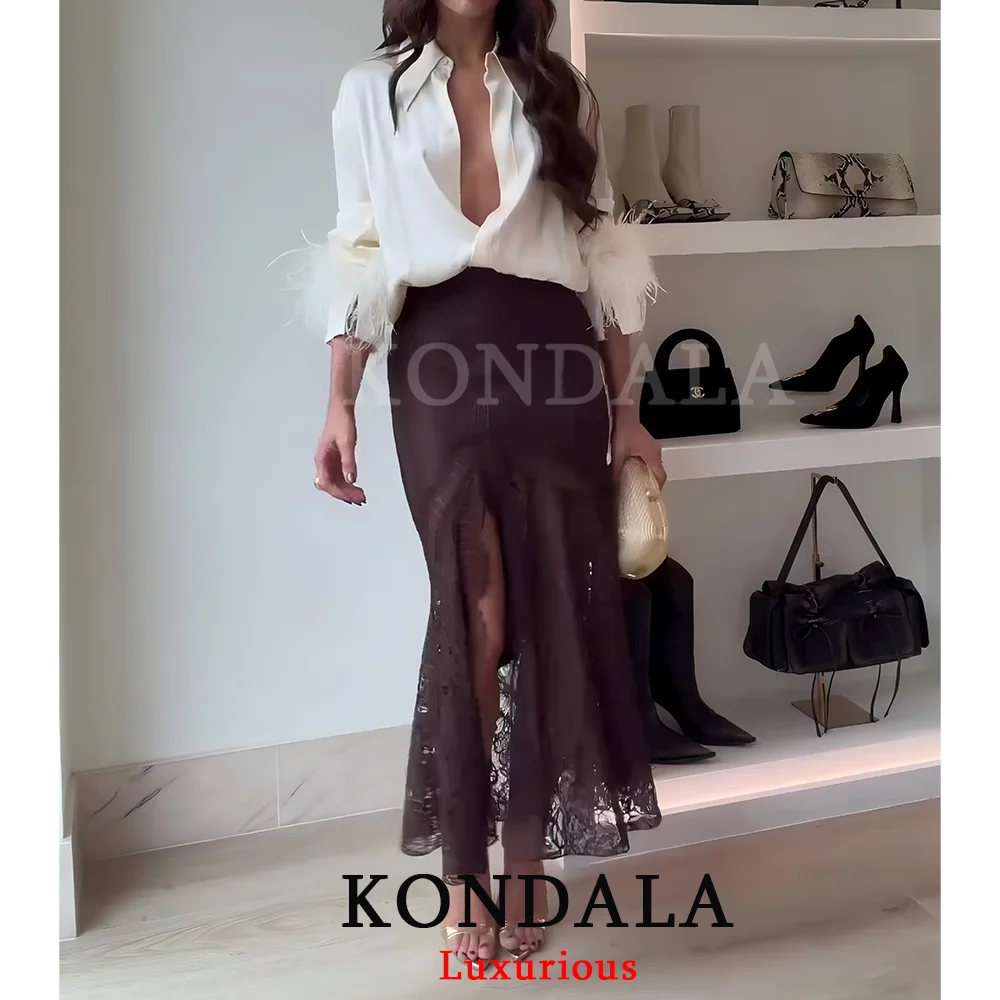 KONDALA Vintage Chic Chocolate Brown Satin Skirts Front Split Lace Midi Skirts Fashion 2025 Evening Club Party Women Long Skirts