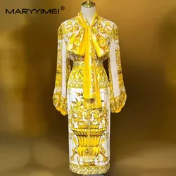 MARYYIMEI Summer Fashion Women's Suit Lantern Sleeved Scarf Collar Tops+Pencil Half skirt Classic Baroque Print Silk 2-Piece Set