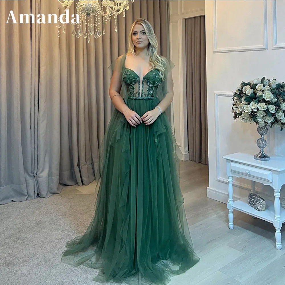 

Amanda Elegant Blackish Green A-line Prom Dress 2023 Sexy Sleeveless Vestidos De Noche Tulle Lace Embroid فساتين مناسبة رسمية