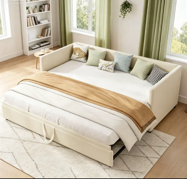 Letto imbottito, divano letto allungabile per 2 persone, divano letto da giorno, letto a scomparsa, stessa altezza, divano letto con struttura a doghe e schienale, letto multifunzionale, rivestimento