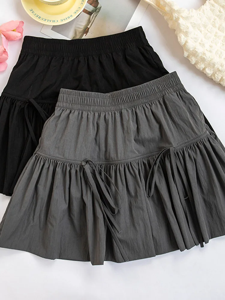 New Design Fashion Sweet Bow Solid Mini Pleated Skirt Summer Women Elegant Slim A-line Skirt 2000s Chic Cute Aesthetic Mori Girl