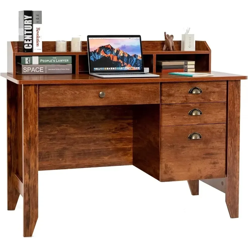 Computer Desk ,with 4 Storage Drawers & Hutch, Home Office Wooden Executive Desk with Storage File Drawer, Laptop Desk