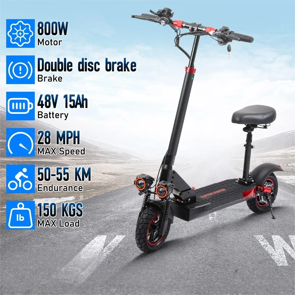 

Folding electric scooter height adjustable long range full suspension double brake fast charging removable seat for teenager