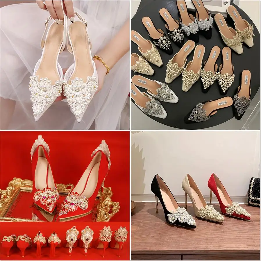 High Heels Shoe Patches Pearl Flower Applique Rhinestone Flatback Iron On Clothing Wedding Bridal Headband Trim Diy Decoration