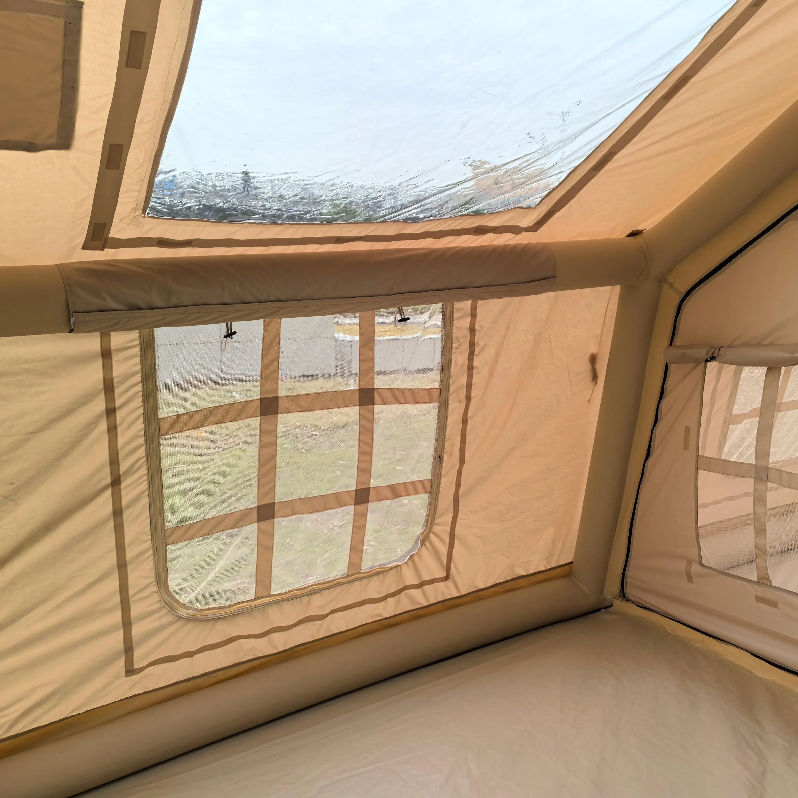 Family Outdoor Glamping Air Inflatable Cabin Tent Canvas and Air Column Four Season Camping with Air Pump and One Bedroom Canopy
