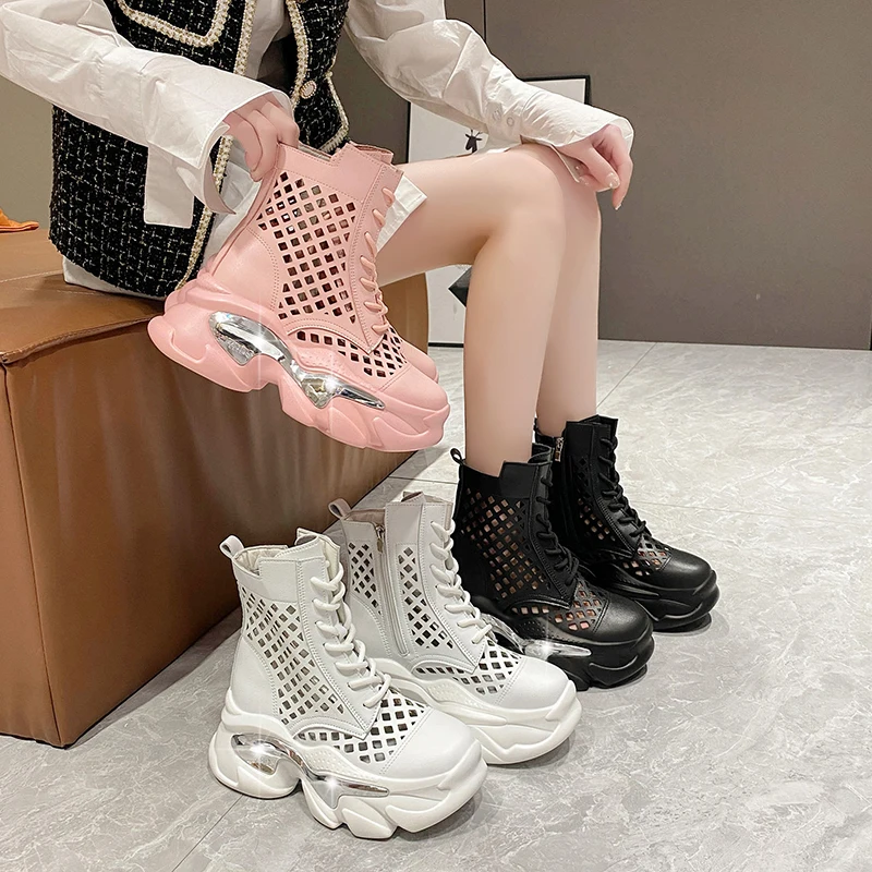 Women Summer Grid Boots 2023 Breathable Leather Sneakers High Platform Hollow Ankle Boots For Woman Lace-up Outdoor Chunky Shoes