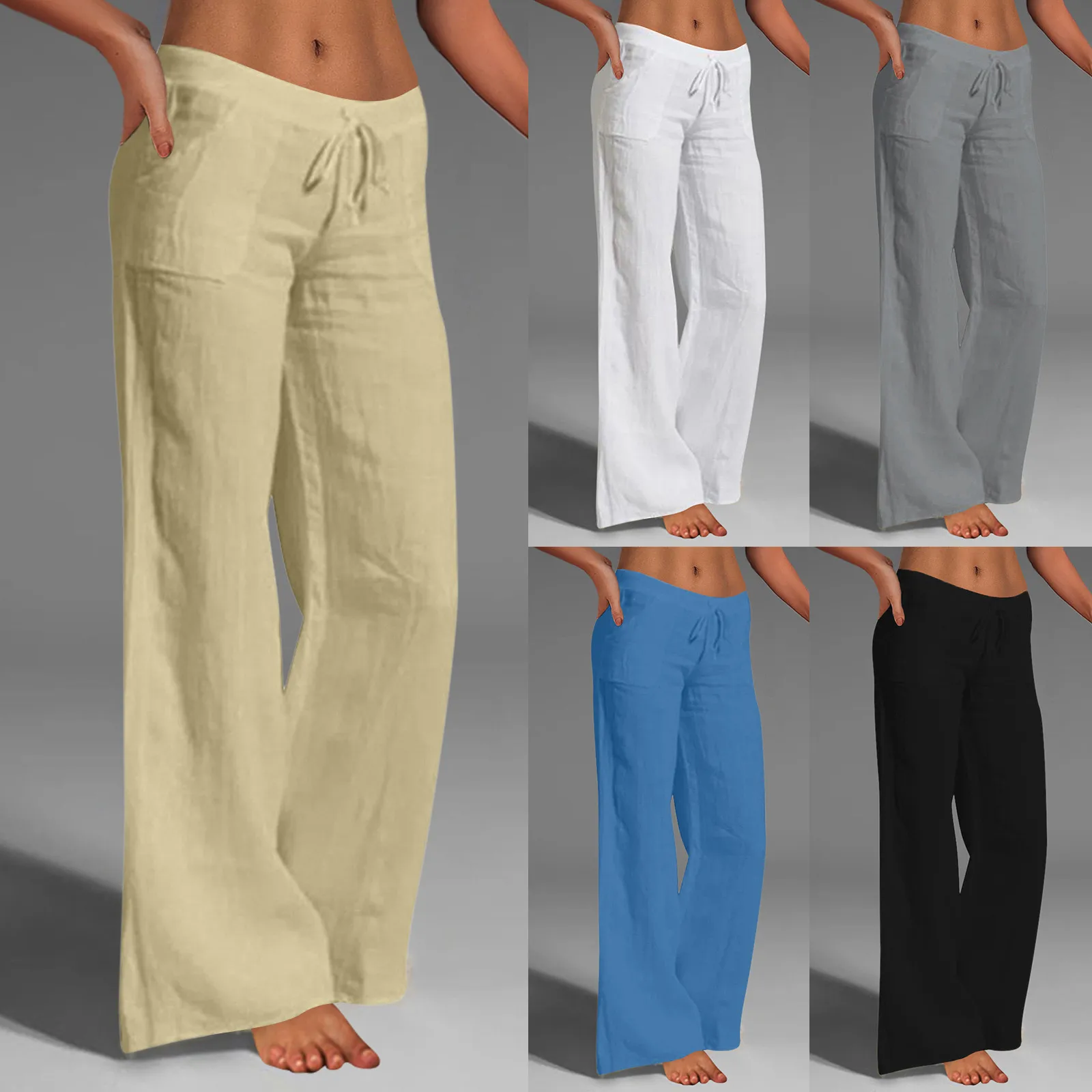 

2024 Summer Women Pants Solid Color Vintage Elastic Waist Cotton Trousers Casual Loose Wide Leg Lady Pants Pantalones De Mujer