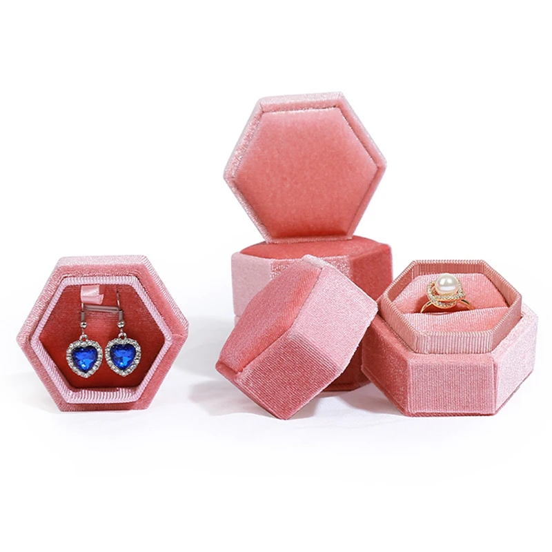 Velvet Jewelry Box Octagonal Ring Organizer Storage Case Wedding Ring Box with Detachable Vintage Hexagon Holder for Couple