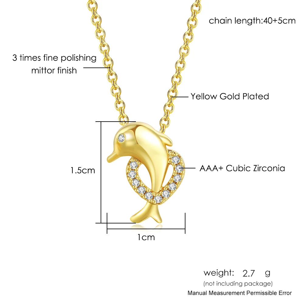 Kawaii Dolphin Necklace for Women Cute Pendant Gold Color Heart Cubic Zirconia Choker Chains on Neck Fashion Jewelry Gifts N148