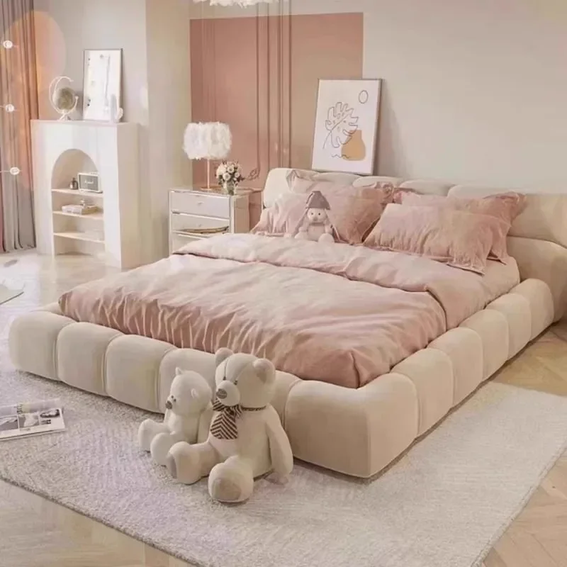 Nordic Cream Wind Puff Bed Bedroom Double Bed Simple Modern Flannel