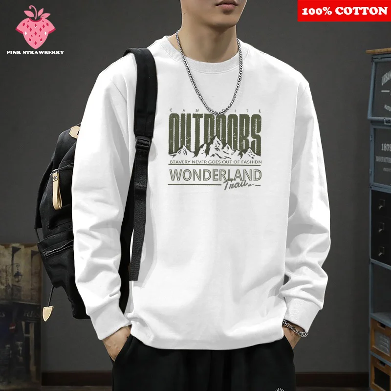 

American White Base T-shirt Men's Autumn 2025 New 100% Cotton Oversize O-Neck Long sleeved T-shirt Casual Y2k Top mens clothing