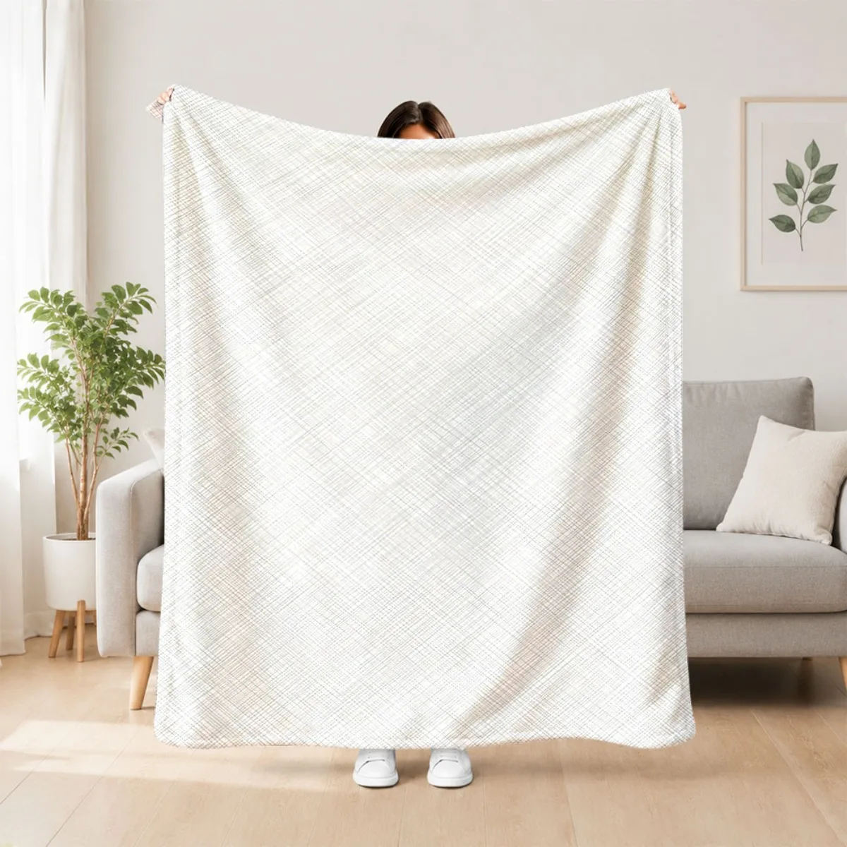 2D Flat Printing 1pc White Textured Diagonal Crosshatch Pattern Soft Flannel Throw Blanket Warm Soft Comfortable Flannel Four Se