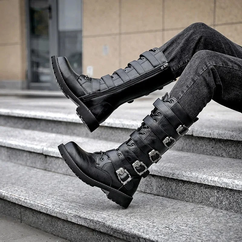 New Men's Punk Gothic Biker Boots Tall Harness Buckle Side Zipper Riding Boots for Cosplay Costume Performance Comfortable Black