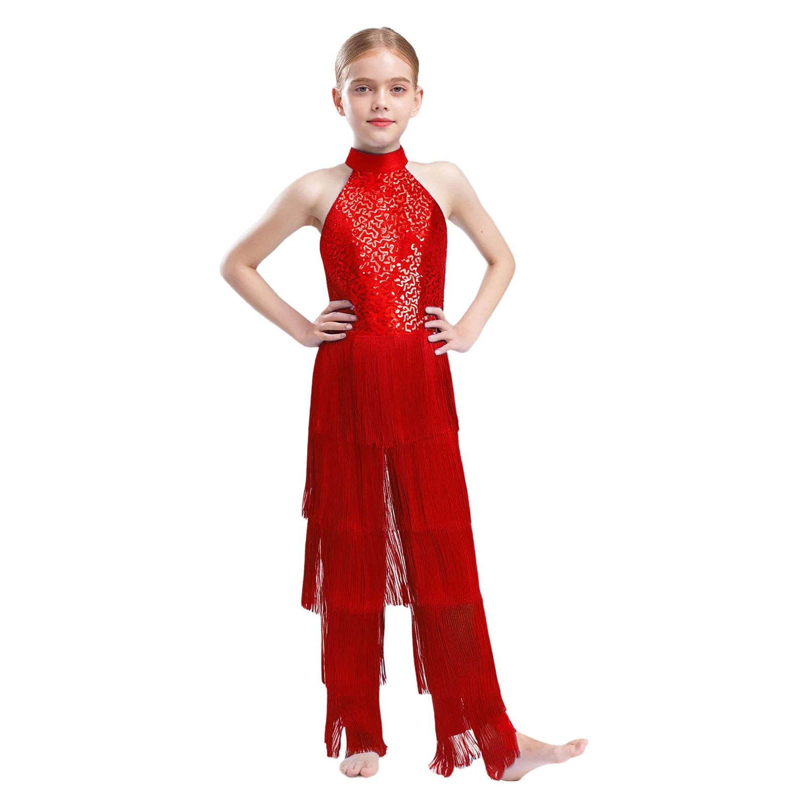 

Kids Girls One Piece Fringe Tassel Latin Dance Jumpsuit Sleeveless Backless Lyrical Cha-cha Latin Dance Performance Leotards