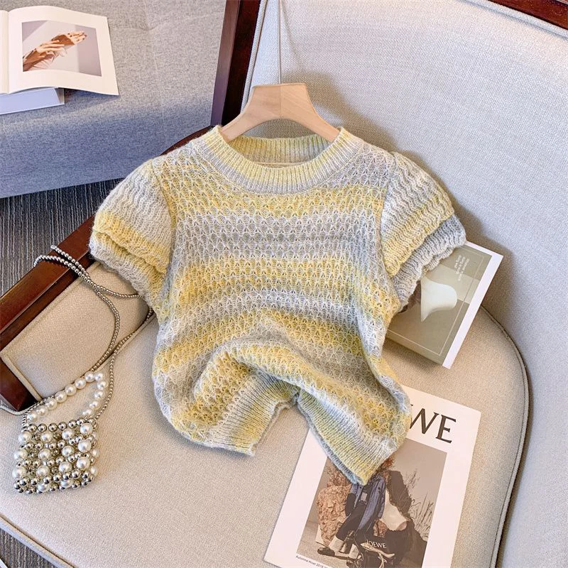 Summer Rainbow O Neck Short Sleeve Women Knitted Pullovers Fashion Harajuku Casual Sweet Oversized Clothing T Shirts Pink Dating