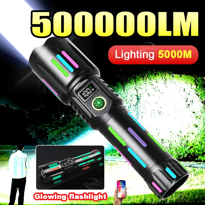 Powerful LED Flashlight Strong Light 5000M Long Range Zoom Flashlights Rechargeable USB Tactical Torch Hunting Fishing Hand Lamp