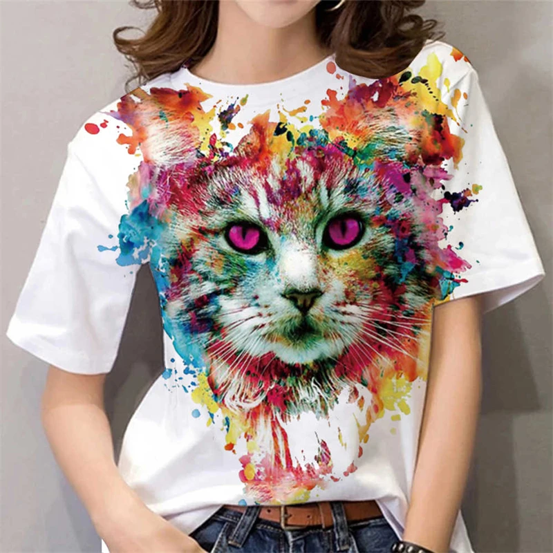 Women's Casual Fashion Y2k Tops Summer 3D Cute Animal Cat Print Short Sleeve Tees O-neck Funny Tops Female Tshirt Kawaii Clothes