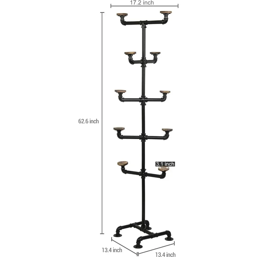 Coat rack, black metal pipe rack with 10 circular rusted wood hat hooks, used for living room and bedroom coat racks