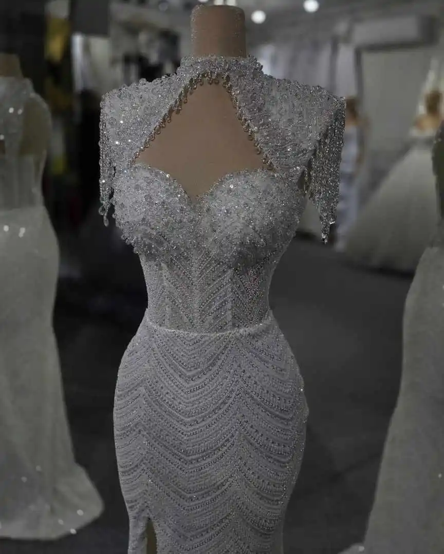 Luxury Beaded Mermaid Wedding Dresses O Neck Sleeveless Lace Up Bride Dress High Splits Floor Length Bridal Dress Customized