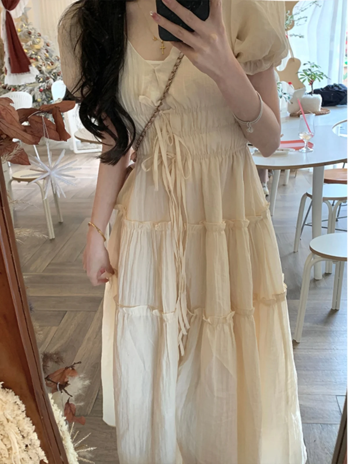 

plus Size Women's Gentle Style Bubble Sleeve Dress V-Neck Waist Cinching Slimming Design Belted Long Summer New Arrival