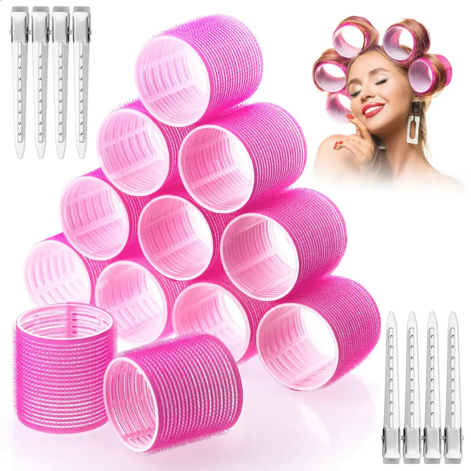

Jumbo Hair Rollers 12Pcs 60mm Self Grip with Clips for Long Thick Hair, Rose Red