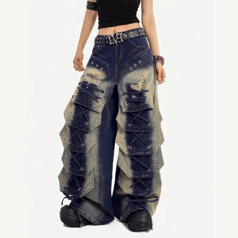 New Women's Heavy Industry Washed Tooling Jeans Autumn Winter Pocket Strap Design Wide-leg Pants Female Casual Denim Trousers