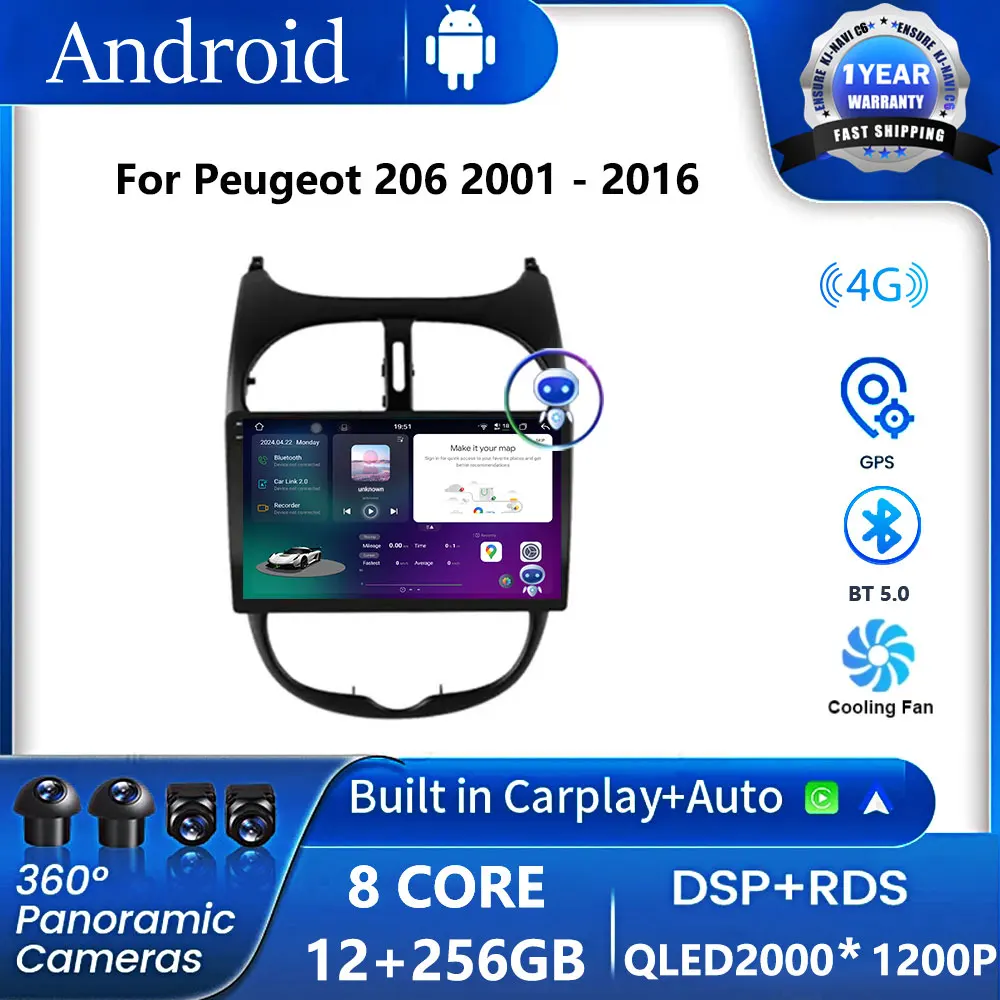 

4G WIFI Android 14 для Peugeot 206 2001 - 2016 автомобильное радио мультимедийный плеер Carplay Android Автомобильное видео QLED