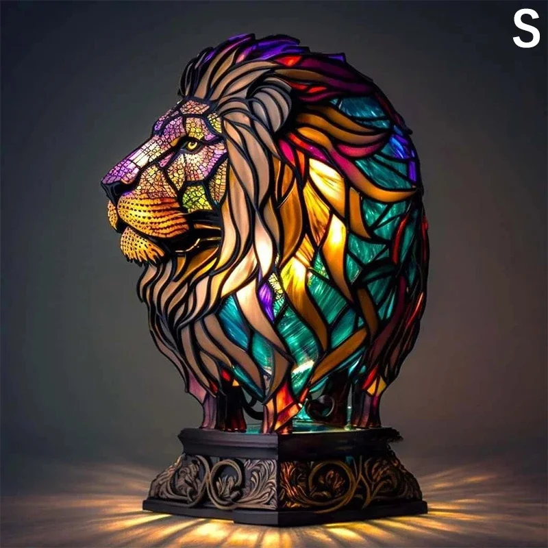 

Animal Table Lamp Series Lion Dolphin Wolf Stained Glass Bedside Light Owl Horse Rooster Elephant for Living Room Bedroom Office