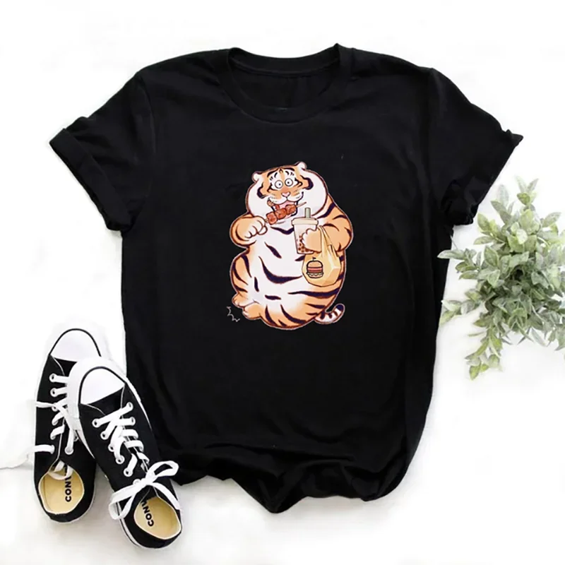 Women's Cotton Harajuku T Shirt, Fat Tiger, England Style, Simple, Solid, O-Neck, Match, Basic, Summer, 2022