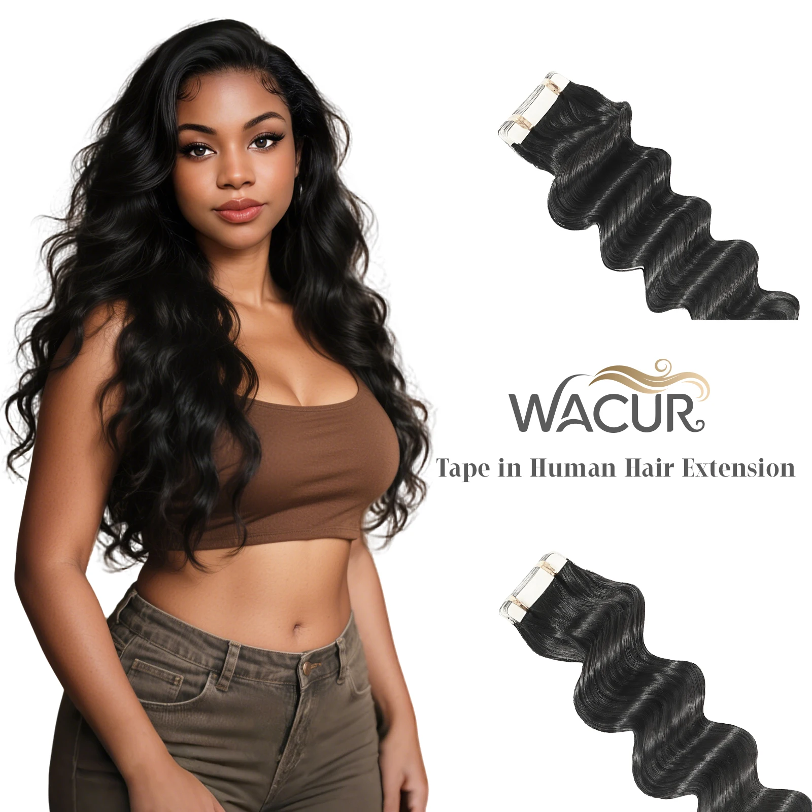 

Лента Wacur Deep Wave из человеческих волос, распущенная глубокая лента для наращивания, 50 г/упак., 20 шт., натуральные волосы Remy, натуральная невидимость для женщин