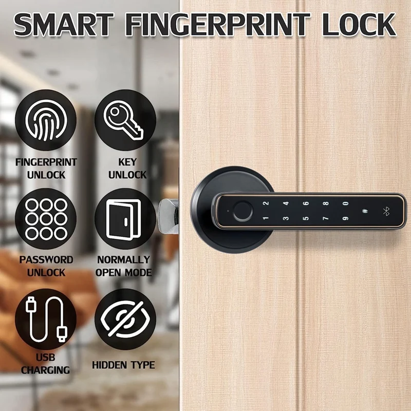 4-In-1 Smart Fingerprint Door Lock Handle Lock Tuya APP Remote Entry Door Lock For Home Office Apartment Bedroom Easy To Use