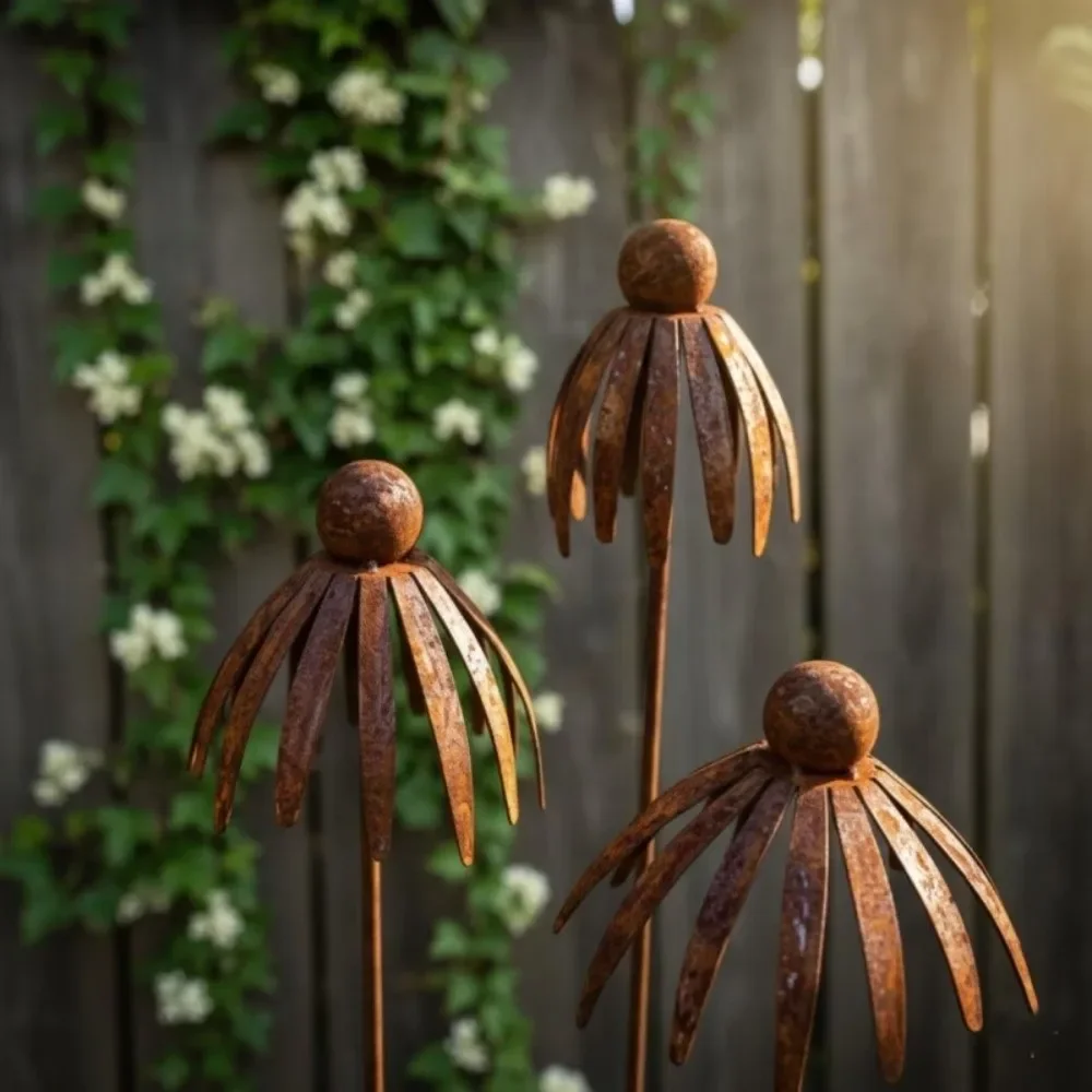 Rostiger Eisen-Metall-Gänseblümchen-Pflanzstab, lange, wetterbeständige, gebogene Blütenblatt-Pflanzstangen, handgefertigter Retro-Stil, Blumen-Pflanzstab für den Außenbereich – Detail 11