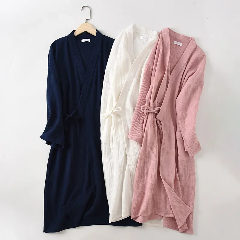Albornoz de gasa de crepé para parejas, bata de algodón 100% sólida de manga larga con cuello en V, Kimono, batas de boda, ropa de dormir de talla