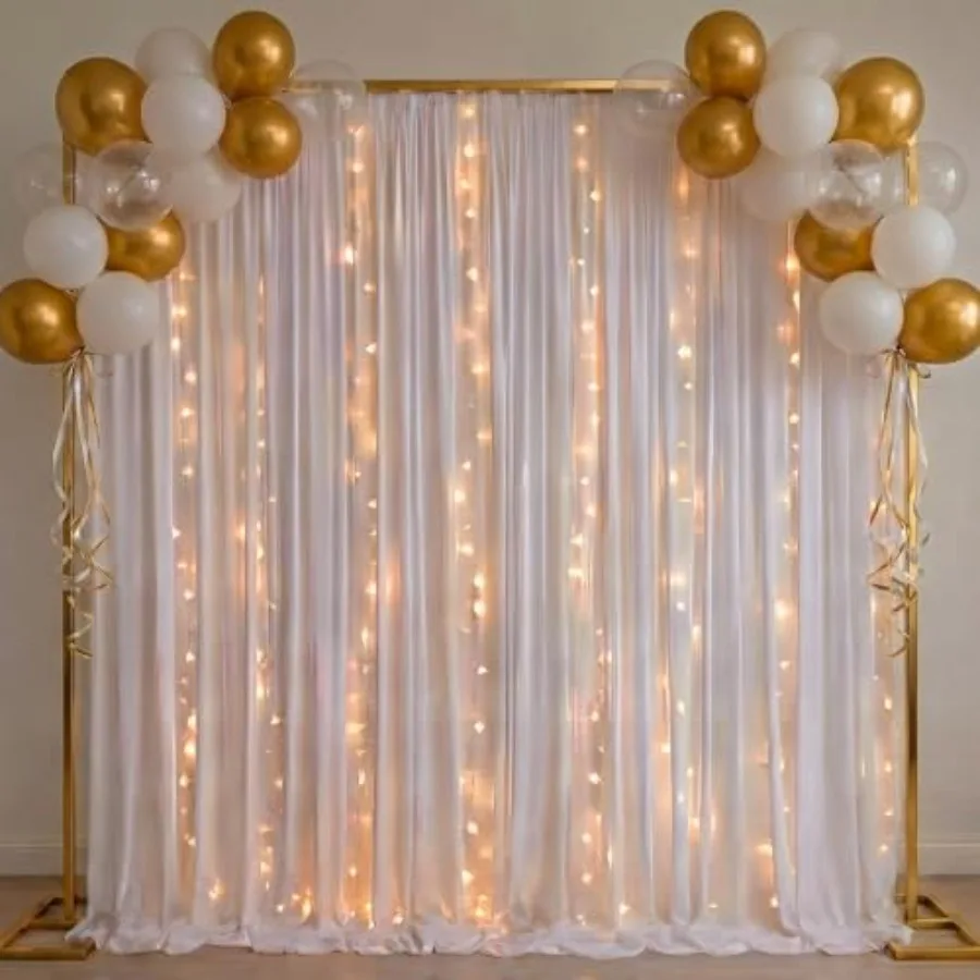 

Wedding, birthday, party photography backdrop stand: gold metal frame with white 5x10 ft drape panels and adjustable LED string