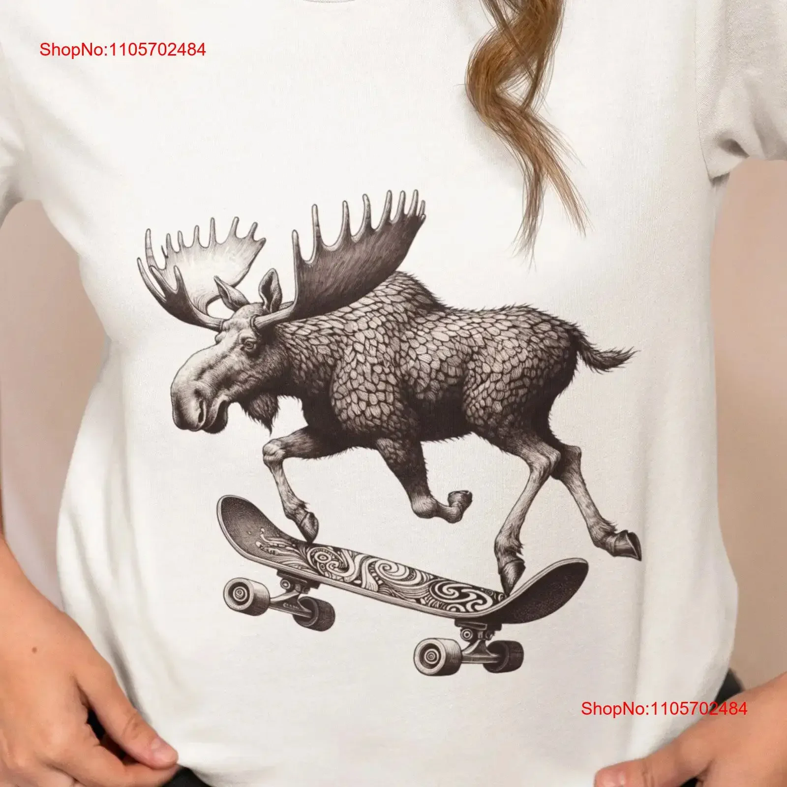 T Shirt with Intricate Moose on Skateboard Print Artistic Top Skater Animal Unique Idea All Sizes vintage Washed streetwear