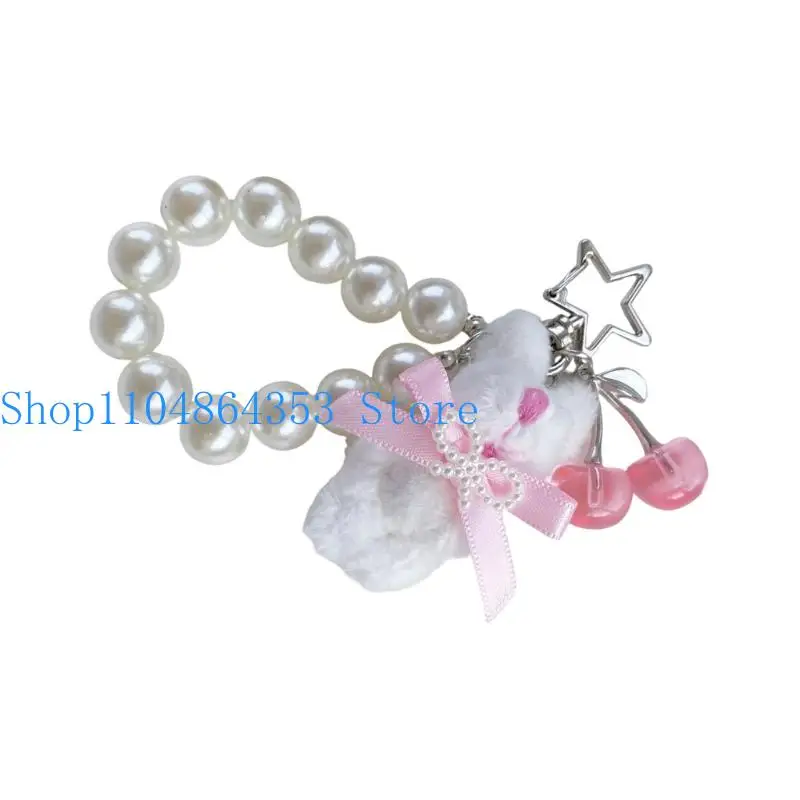 652F Stylish Rabbit Cherry Charm Detachable Keychain Pearls Ornament Phone Decoration