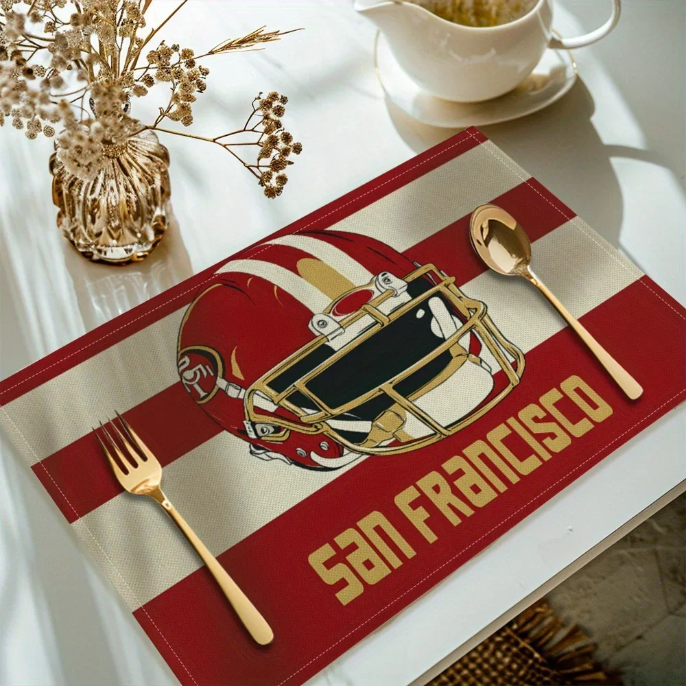 

4PC San Francisco 49ers Placemats - NFL Team Stripe Design with Gold Utensils, Football Fan Dining & Party Decor