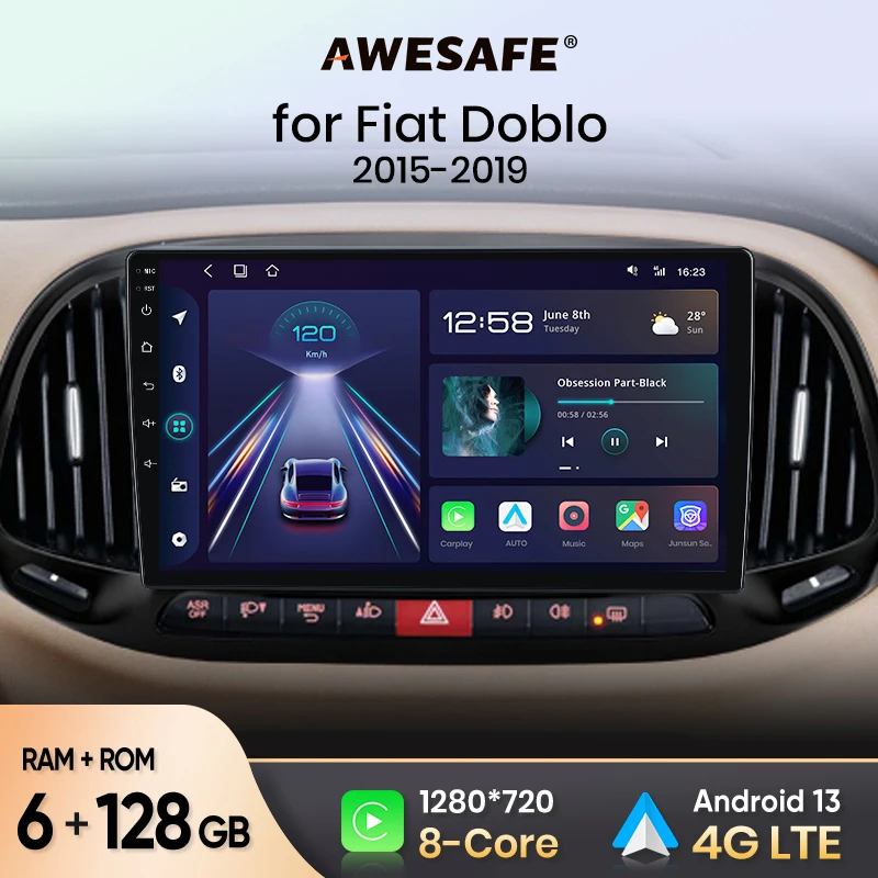 AWESAFE Wireless CarPlay Android Auto Autoradio for Fiat Doblo 2015 2016 2017 2018 2019  GPS RDS DSP  FM 4G LET