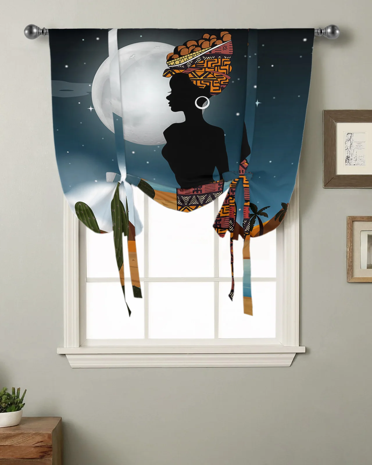 

African Woman Desert Cactus Night Kitchen Short Window Curtain Rod Pocket Curtains Home Decor Small Window Roman Tie Up Curtains