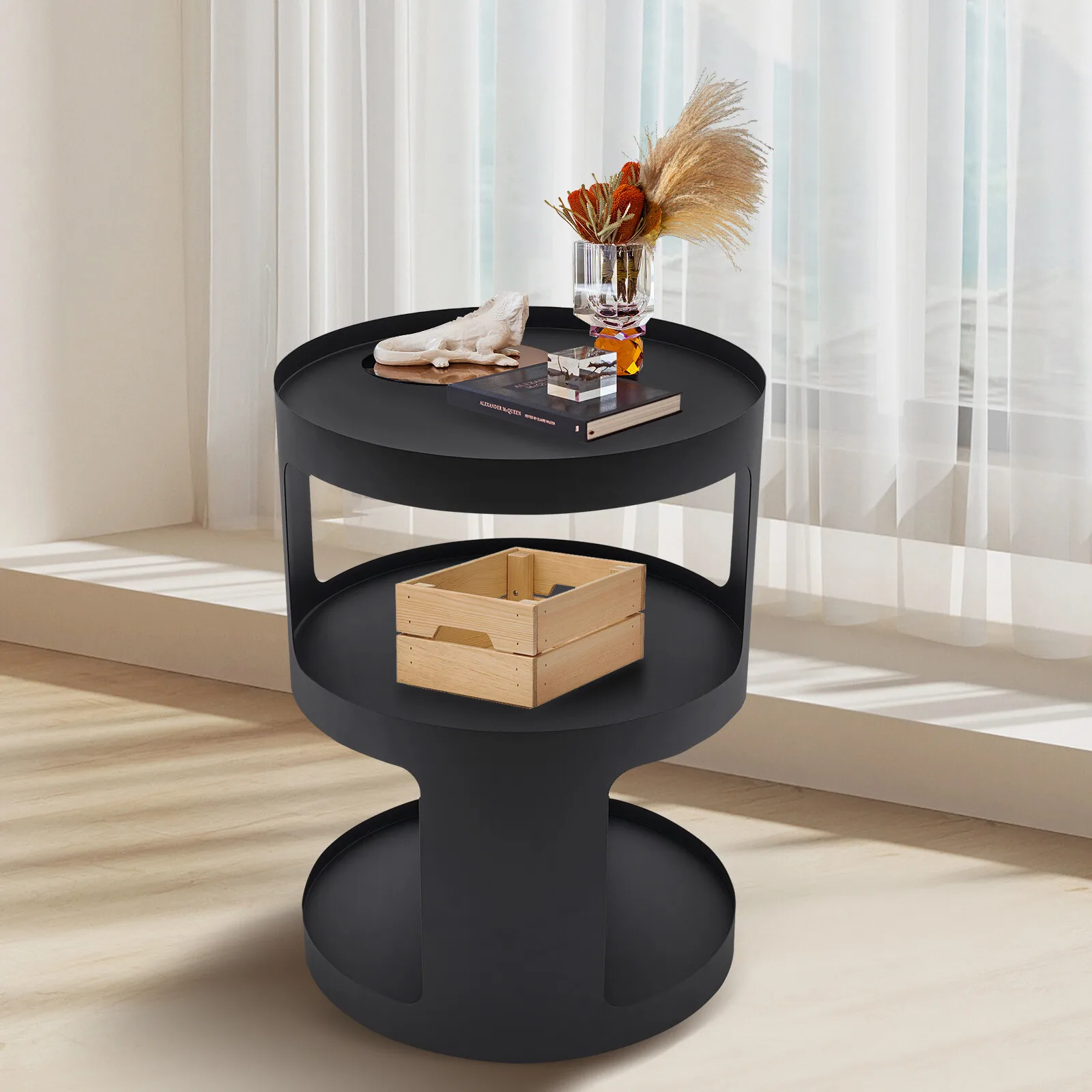 

2-Tier Round End Bed Side Table Coffee Sofa Table Nightstand Living Room Black