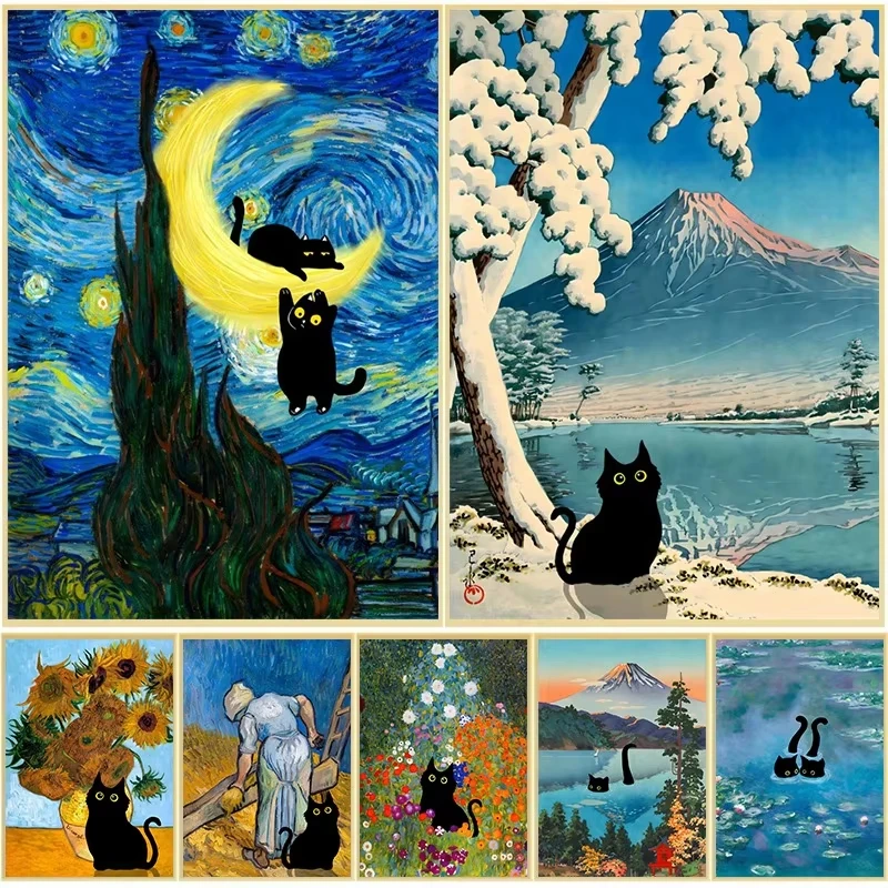 Diamantmalerei-Set Van Gogh Sternennacht mit Katze und Monet Seerosen 5D Vollbohrmosaik für Kunstliebhaber Geschenk