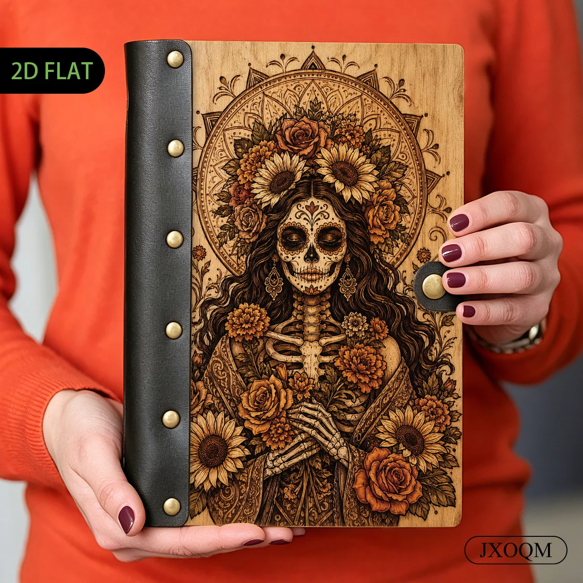 caderno-de-capa-dura-de-madeira-com-tema-de-caveira-de-acucar-do-dia-dos-mortos-girassol-e-rosa-com-6-furos-e-rebites-de-metal