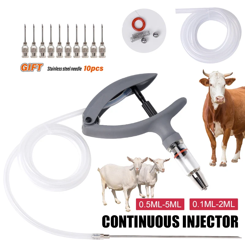 Seringa automática para animais de aves, 2ml/5ml, com tubo, 10 peças, agulhas, injetor contínuo veterinário, injeção de vacina ajustável