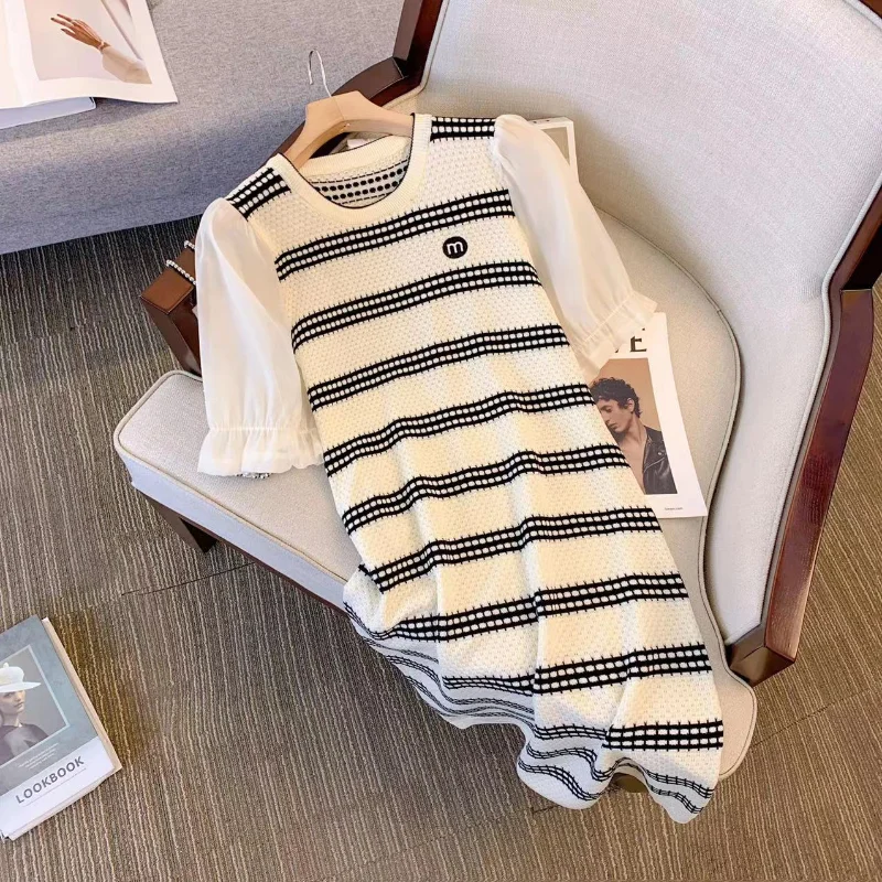 

High Quality Elegant Dresses for Women Vintage Short Sleeve Striped O-neck Midi Dresses Classic Office Lady A-Line Dress