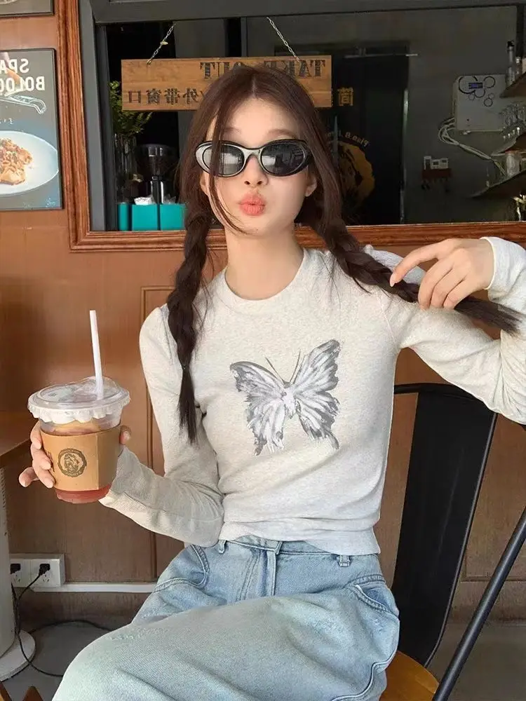 STSVZORR Y2K grey long-sleeved t-shirt 2023 Women Autumn New Slim Butterfly Print Short Tops