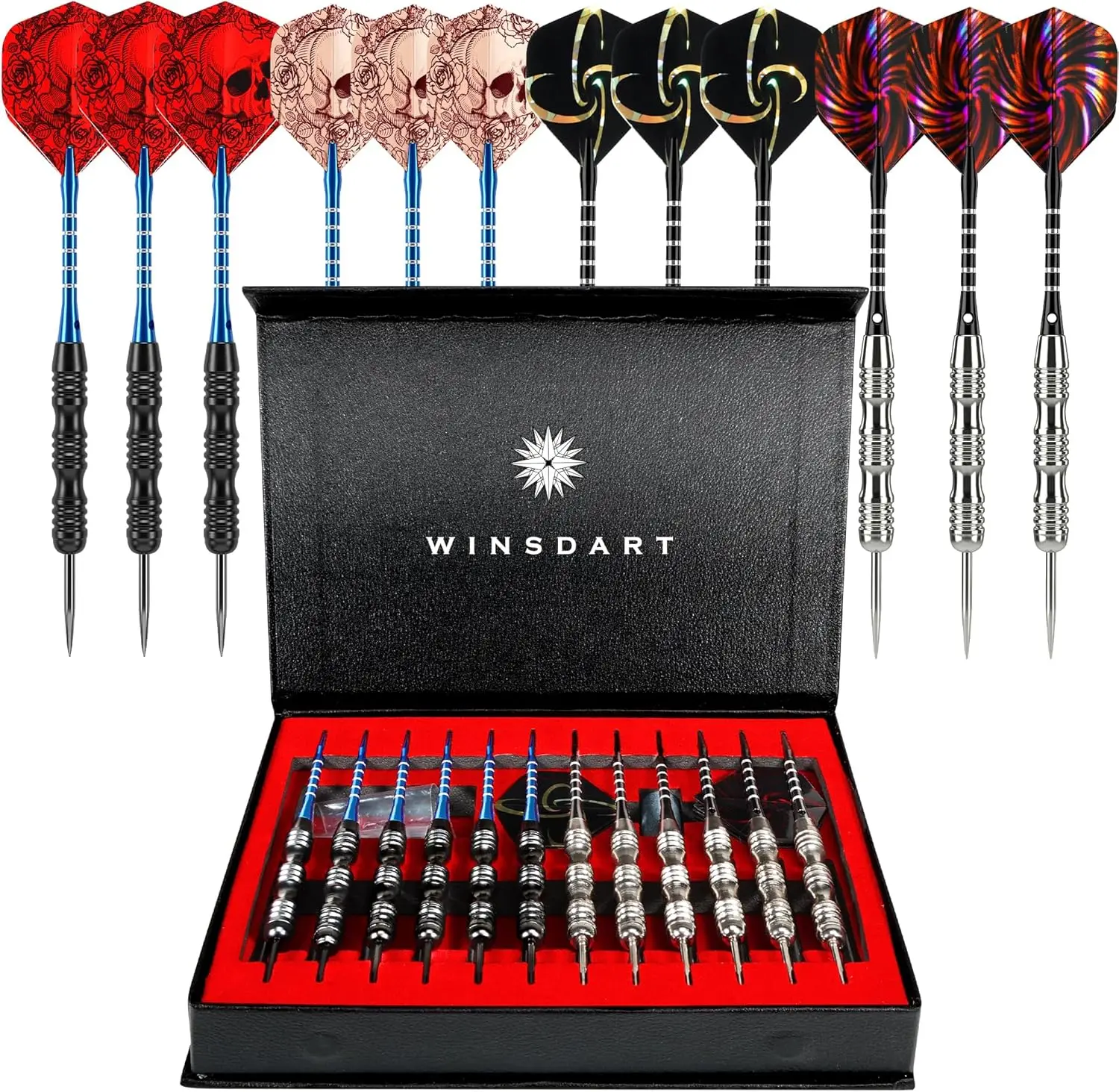 

Steel Tip Darts Set with Nonslip Barrel, Aluminum Shafts, Flights, Sharpener & Gift Box - 12 Pack
